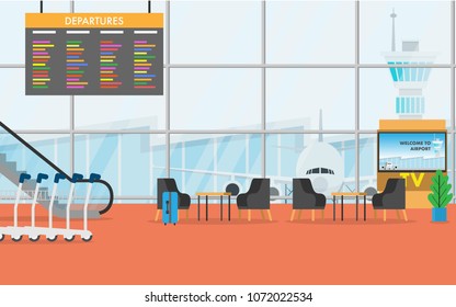 View of space in the airport terminal with lobby area,luggage cart,escalators,departures board,luggage and wide glass window which can see airplane,airport terminal and ATC tower