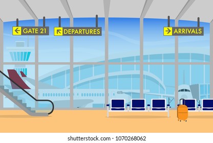 View of space in the airport terminal with long chair,sign board for direction(departure,arrival),escalators,luggage and wide glass window which can see airplane,airport terminal and ATC tower