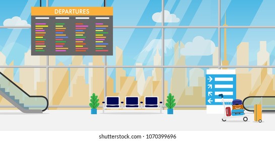 View of space in the airport terminal with long chair,luggage cart,escalators,sign direction,luggage and wide glass window which can see the big city scape with clear blue sky in summer time