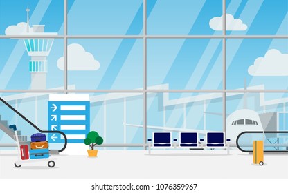 View of space in the airport terminal with long chair,luggage cart,escalators,sign direction,luggage and wide glass window which can see airplane,airport terminal and tower