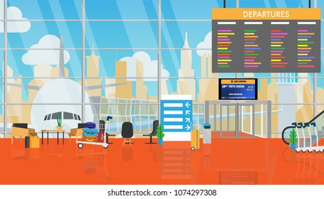 View of space in the airport terminal with lounge and set of chair,luggage cart,escalators,sign direction,luggage and wide glass window which can see airplane,airport terminal,ATC tower and city tower