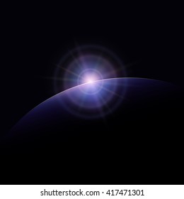 View from Space Background, Space Star Rises above the Planet, the Sun Rising over the Earth, Rays and Glare over the Planet Earth , Vector Illustration