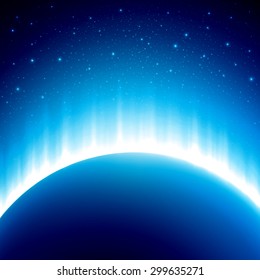 View from space to dark side of planet and sunrise. Cosmic vector wallpaper with beautiful starry sky and glowing waves on horizon