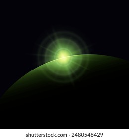 View from space, green star rises above the planet, the sun rising over the earth, rays and glare over the earth , space background, vector illustration
