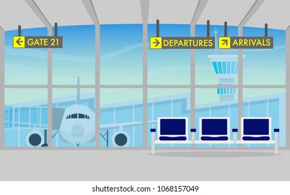 View of space inside the terminal in the airport with long chair,sign board for direction(departure,arrival),wide glass window which can see airplane parked in the bay,airport's terminal,ATC tower