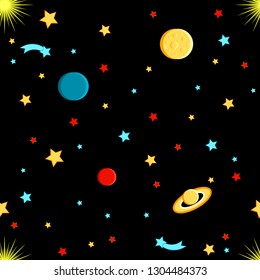 View of space. Moon, Sun, Saturn, Earth, other planets, stars comets space Cartoon style Seamless pattern