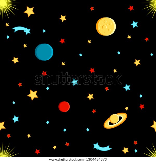 View of space. Moon,\
Sun, Saturn, Earth, other planets, stars comets space Cartoon style\
Seamless pattern