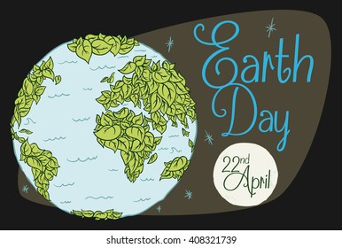 View from space of the planet covered all in foliage leaves, with the moon, stars and sign in retro style.