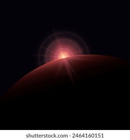 View from space, red star rises above the planet, the sun rising over the earth, rays and glare over the earth , space background, vector illustration