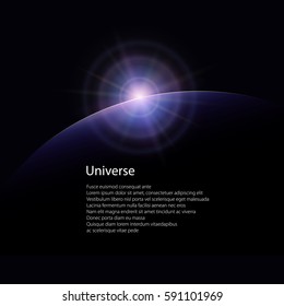 View from Space, Space Star Rises above the Planet, the Sun Rising over the Earth, Rays and Glare over the Planet Earth , Poster Brochure Flyer Design, Vector Illustration 