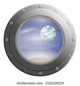 View space stars and planets through Porthole glass window from shuttle or spaceship exploration concept showing earth