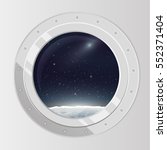View from spaceship. Flat cartoon illustration of flight window, stars, planets, moon. Outer space. Vector porthole. 