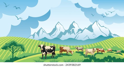 View of spring alpine landscape, countryside, cows grazing in a alpine meadow, vector illustration