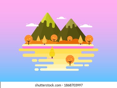 view of spring island with mountains, trees, and pink blue illustration gradient background, flat design island. vector, illustration. can be used for wallpaper, banner, and background