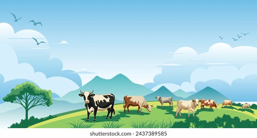 Vista del paisaje de primavera, campo, vacas que pastan en un prado verde, ilustración vectorial