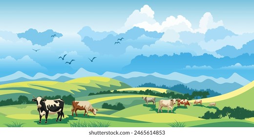 View of spring landscape, countryside, cows grazing in a green meadow, vector illustration