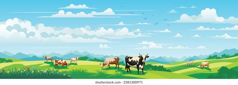 View of spring landscape, countryside, cows grazing in a green meadow, vector illustration