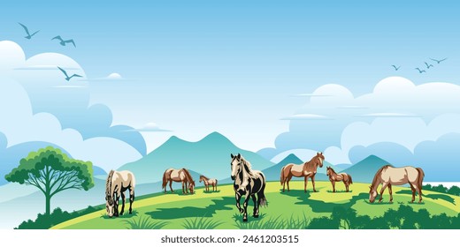 View of spring landscape, countryside, horses grazing in a green meadow, vector illustration