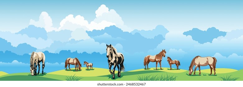 View of spring landscape, countryside, horses grazing in a green meadow, vector illustration