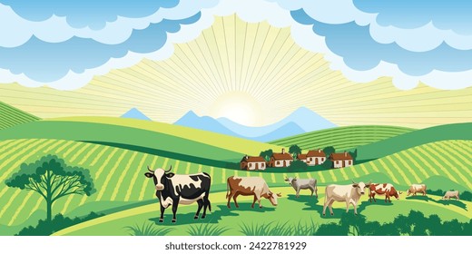 View of spring landscape, countryside and village, cows grazing in a green meadow, vector illustration