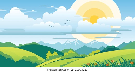 Vista del paisaje primaveral, prados verdes y colinas, sol en las nubes, ilustración vectorial