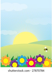 A view of a springtime meadow with flowers and a bee in the foreground and the sun rising over the hills