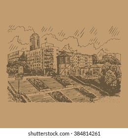 View of the Square of Labor and the old water tower in Yekaterinburg, Russia. Sketch by hand. Vector illustration