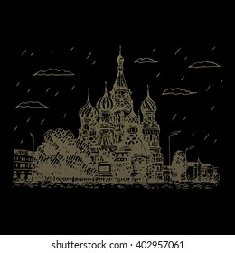 View of St. Basil's Cathedral on the Red Square in Moscow, Russia. Sketch by hand. Vector illustration