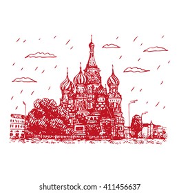 View of St. Basil's Cathedral on the Red Square in Moscow, Russia. Sketch by hand. Vector illustration