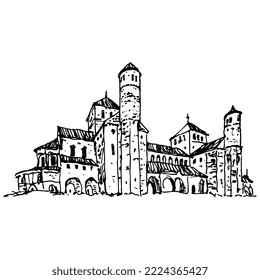 View of St. Michael's Church in Hildesheim abbey, Germany. Romanesque architecture.  Hand drawn linear doodle rough sketch. Black silhouette on white background.