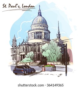 View of St. Paul's cathedral in London. Watercolor imitating painted sketch. Travel book illustration. EPS10 vector illustration.