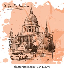 View of St. Paul's cathedral in London. Sketch imitating ink pen drawing with a grunge background on a separate layer. EPS10 vector illustration.