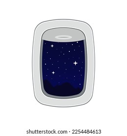 Sicht auf den Sternenhimmel von flacher Vektorgrafik. Flugzeugbeleuchter mit malerischer Landschaft einzeln auf weißem Hintergrund. Tourismus, Reisen, Verkehrskonzept