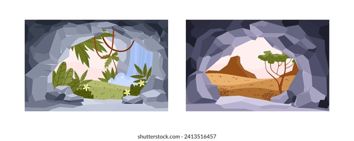 Vista desde la entrada de las cuevas de piedra. Dibujo de ilustraciones vectoriales al estilo plano de dibujos animados. Salida de la cueva hacia la selva y el desierto. Paisaje natural o paisajístico de la mina de carbón o el túnel rocoso.