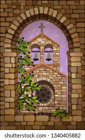 View from the stone window of the medieval  church in romanesque  style and olive tree, vector illustration