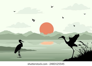 Vista de la cigüeña en el lago. Plantilla de diseño de póster de Ilustración vectorial de verano