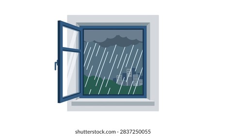 View of a stormy cityscape with rain seen through an open window.