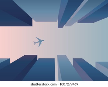 View up from the street between skyscrapers with plane flying in the sky, vector background. Corporate financial district architecture concept with perspective. Eps10 vector illustration.