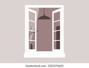 A view of a street, capturing an open window through which the silhouettes of interior furniture can be seen