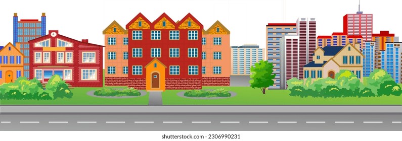 View of a street in a modern city with many beautiful buildings and trees. Vector illustration.