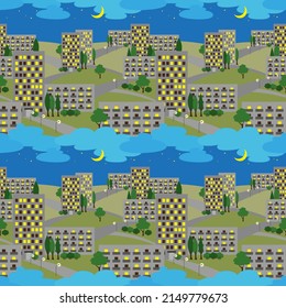 View of the streets of the night city with skyscrapers, houses, trees and lanterns. Background, seamless pattern, vector illustration
