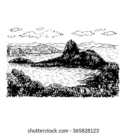 View of Sugar Loaf in Rio de Janeiro, Brazil. Vector freehand pencil sketch.