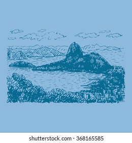 View of Sugar Loaf in Rio de Janeiro, Brazil. Vector freehand pencil sketch.