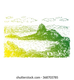 View of Sugar Loaf in Rio de Janeiro, Brazil. Vector freehand pencil sketch.