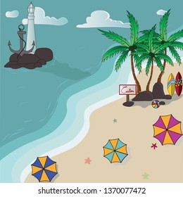 view of summer with beach background and umbrellas,balls,surfboard,lighthouse
