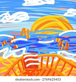 View to summer landscape of blue ocean or sea coast with white tides and anchors, sandy beach, setting orange sun and white clouds from wooden balcony with towel drying on rails; vector illustration