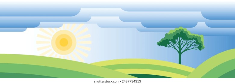 View of summer landscape, green meadows and hills, picturesque sky and sun, vector illustration