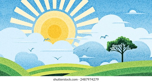 View of summer landscape, green meadows and hills, picturesque sky and sun, vector illustration