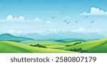 View of summer landscape, spring hills, green meadows and hills, bird flock, vector illustration