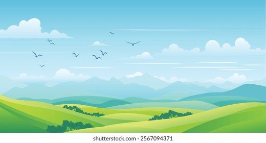 View of summer landscape, spring hills, green meadows and hills, bird flock, vector illustration